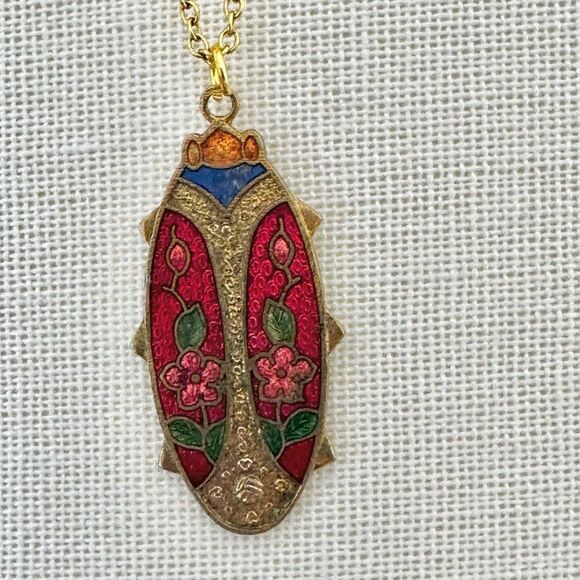 Vintage Cloisonné Enamel Ladybug Pendant Necklace - Picture 6 of 11